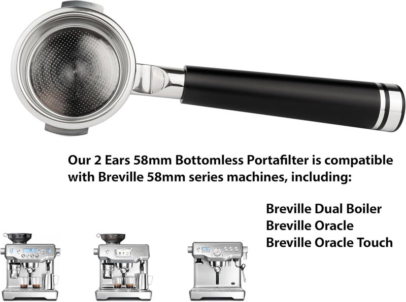 LLQ 58mm Bottomless Naked 2 Ears Portafilter Compatible with Breville Machines– Includes 18–20g Basket (Aluminum Flat, 58mm For Breville) - Image 2